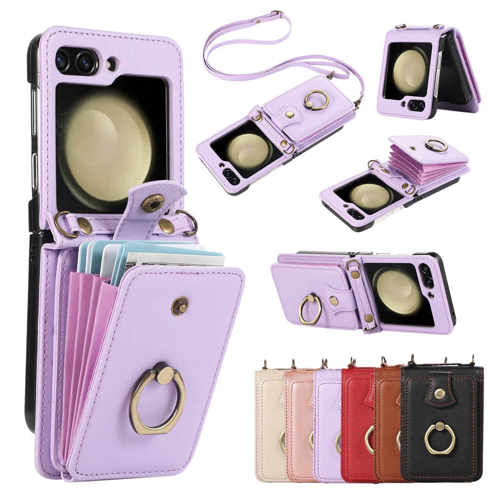 Applicable to Z FLIP5 crossbody expanding card holder foldable screen Z flip6 leather case with fastened ring anti-theft swiping function