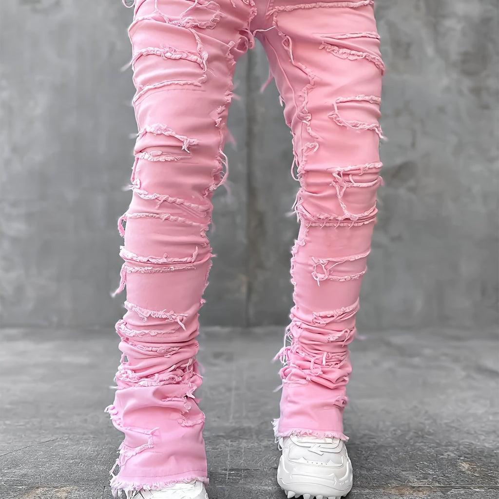Mens Slim Straight Jeans with Elastic Waist Creative Jeans