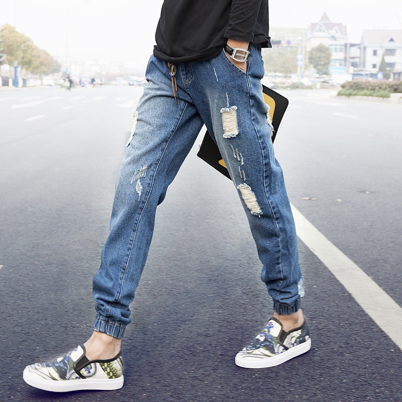 Men's jeans ankle-tied harem pants youth loose jeans autumn and winter elastic waist stretch skinny jeans