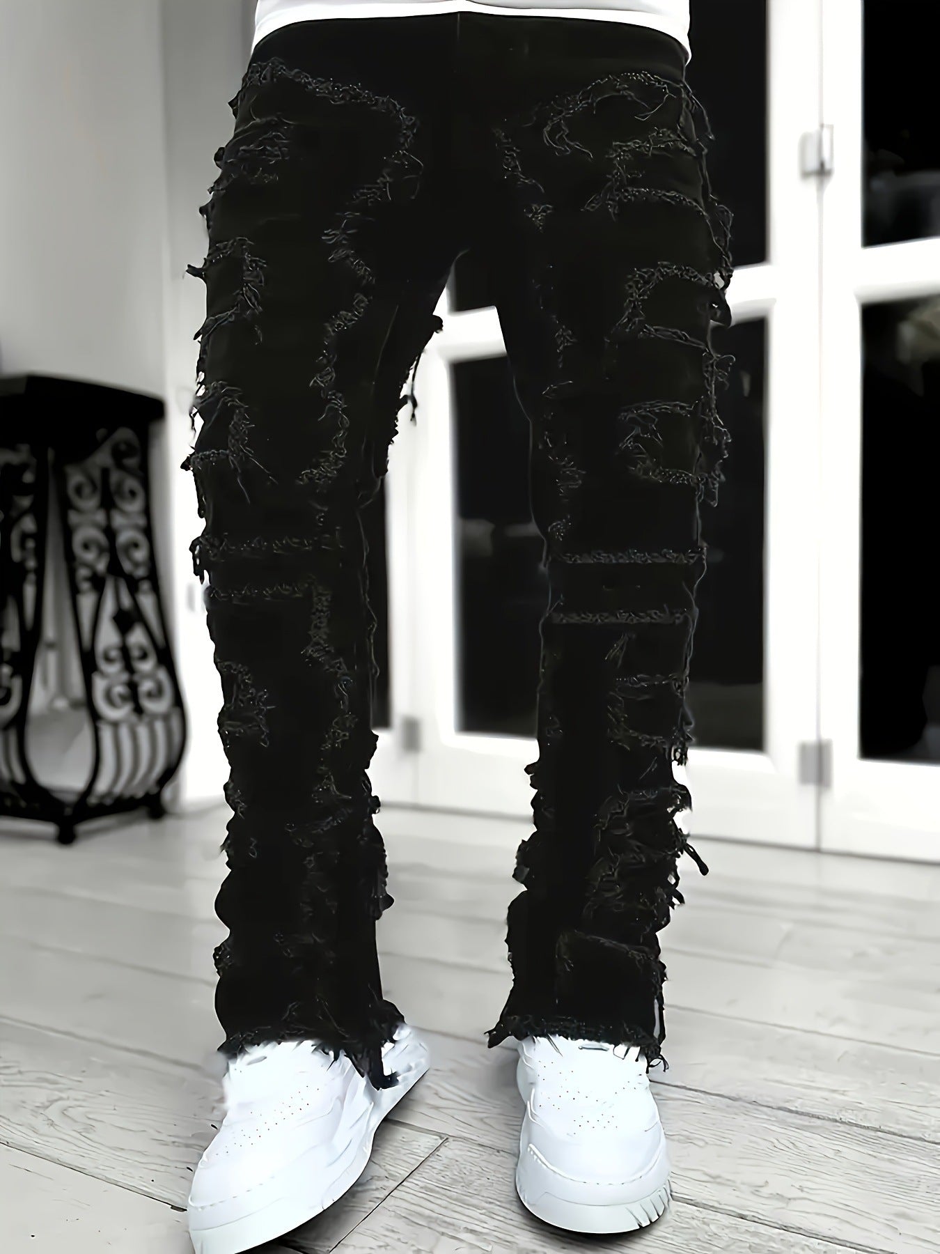 Mens Slim Straight Jeans with Elastic Waist Creative Jeans