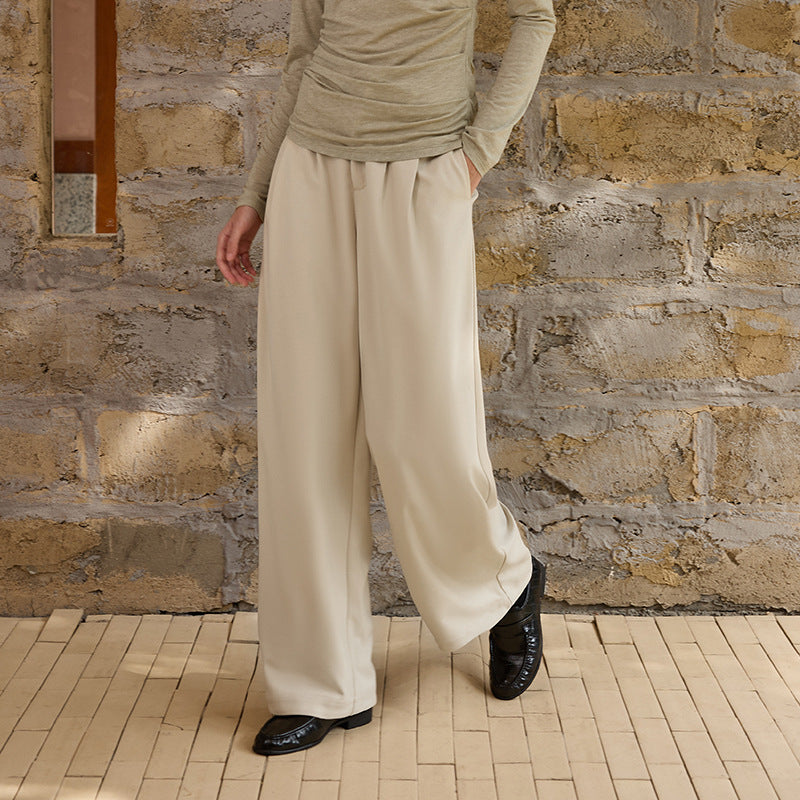 25 autumn and winter New wool straight-leg pants women's high waist pleated crisp pendant wide leg pants all-matching slimming and warm trousers