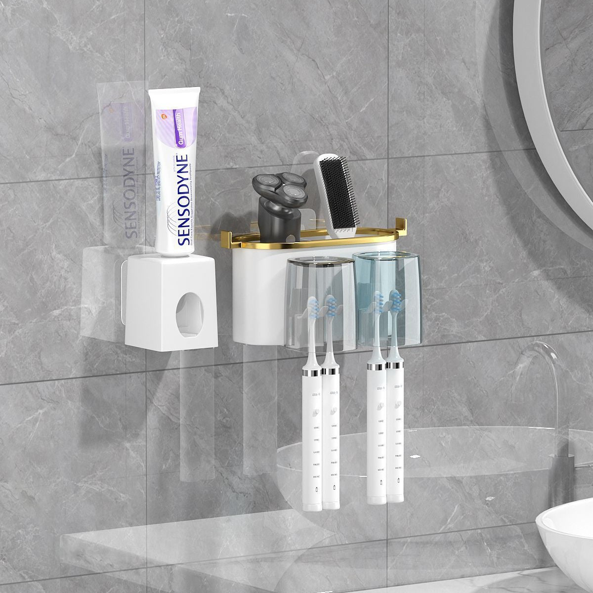 Cross-border toothbrush rack gargle Cup gold-plated toothbrush holder bathroom punch-free wall-mounted toothbrush storage rack suit