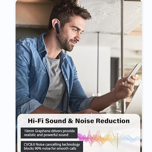 Bluetooth headset V5.0, wireless Bluetooth headset 16 hours HD call, dual microphone noise reduction