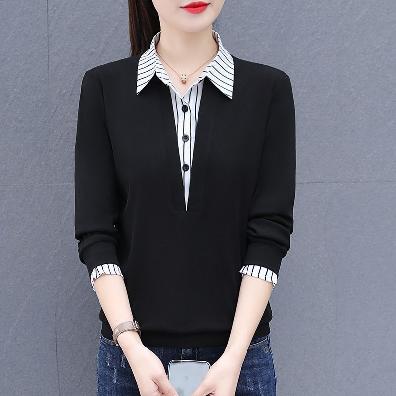 Fake two pieces shirts women's long-sleeved sweater 2024 Spring and Autumn New Korean style fashionable stylish stitching loose top for women