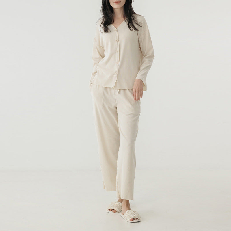Thread pajamas two-piece set high-grade V-neck single breasted long-sleeved top elastic tied elastic waist wide-leg pants