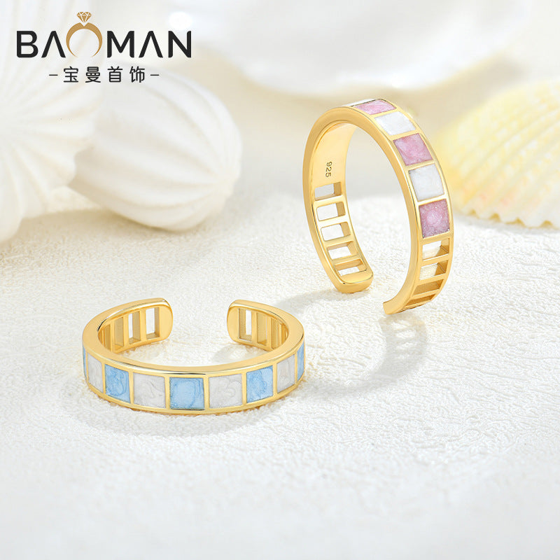 Ring pink and white color epoxy s925 sterling silver 18K gold plating open ring foreign trade cross-border jewelry silver accessories processing