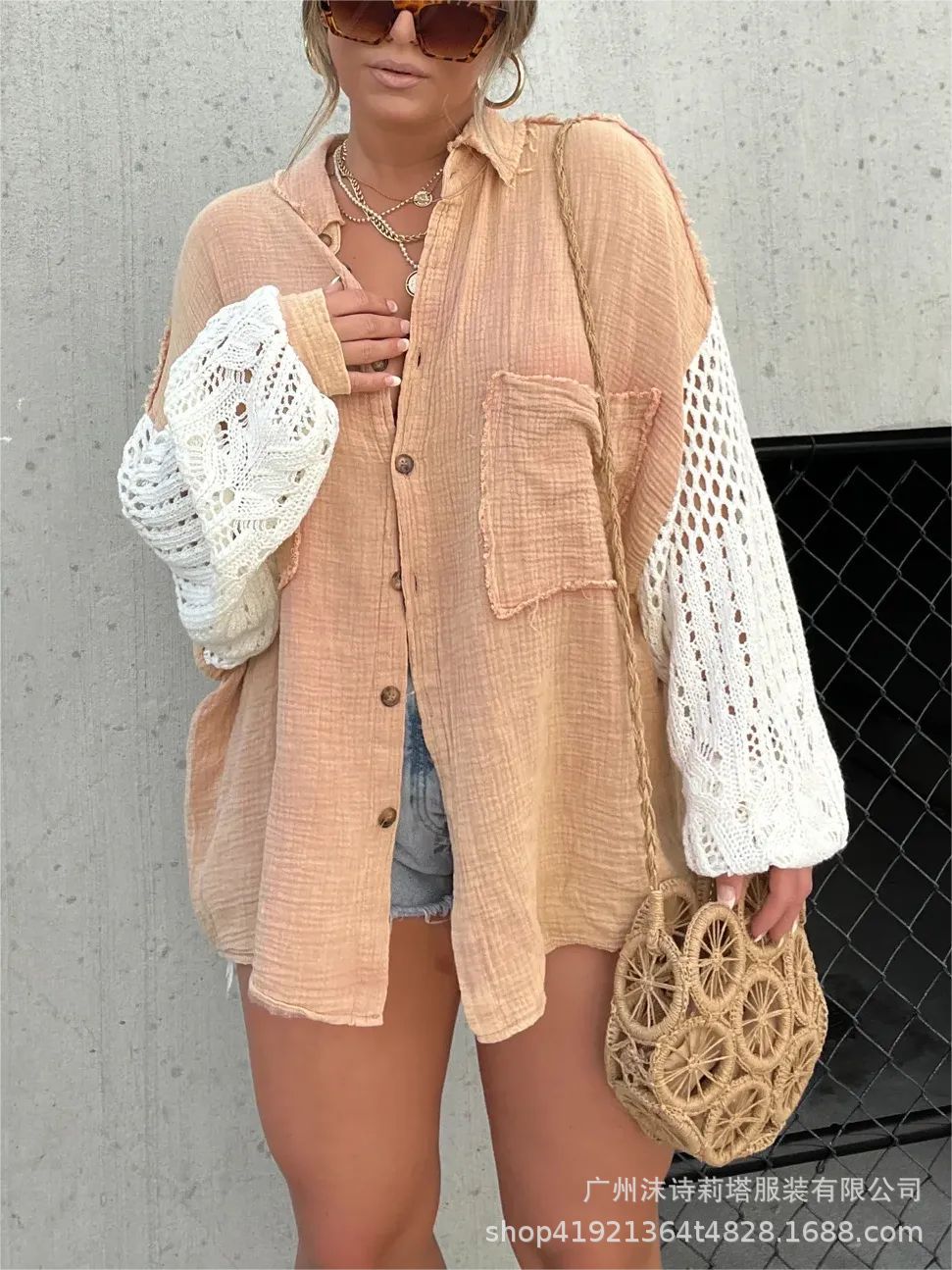 New Crepe Long Sleeve Blouse with Lace Trim for Women |tops