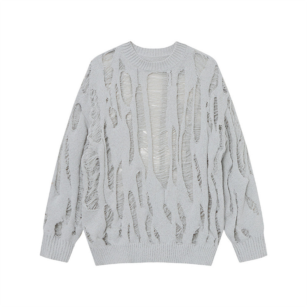 Heavy industry ripped crocheted round neck sweater men's spring and autumn fashion brand solid color loose and lazy style Micro transparent long sleeve sweater