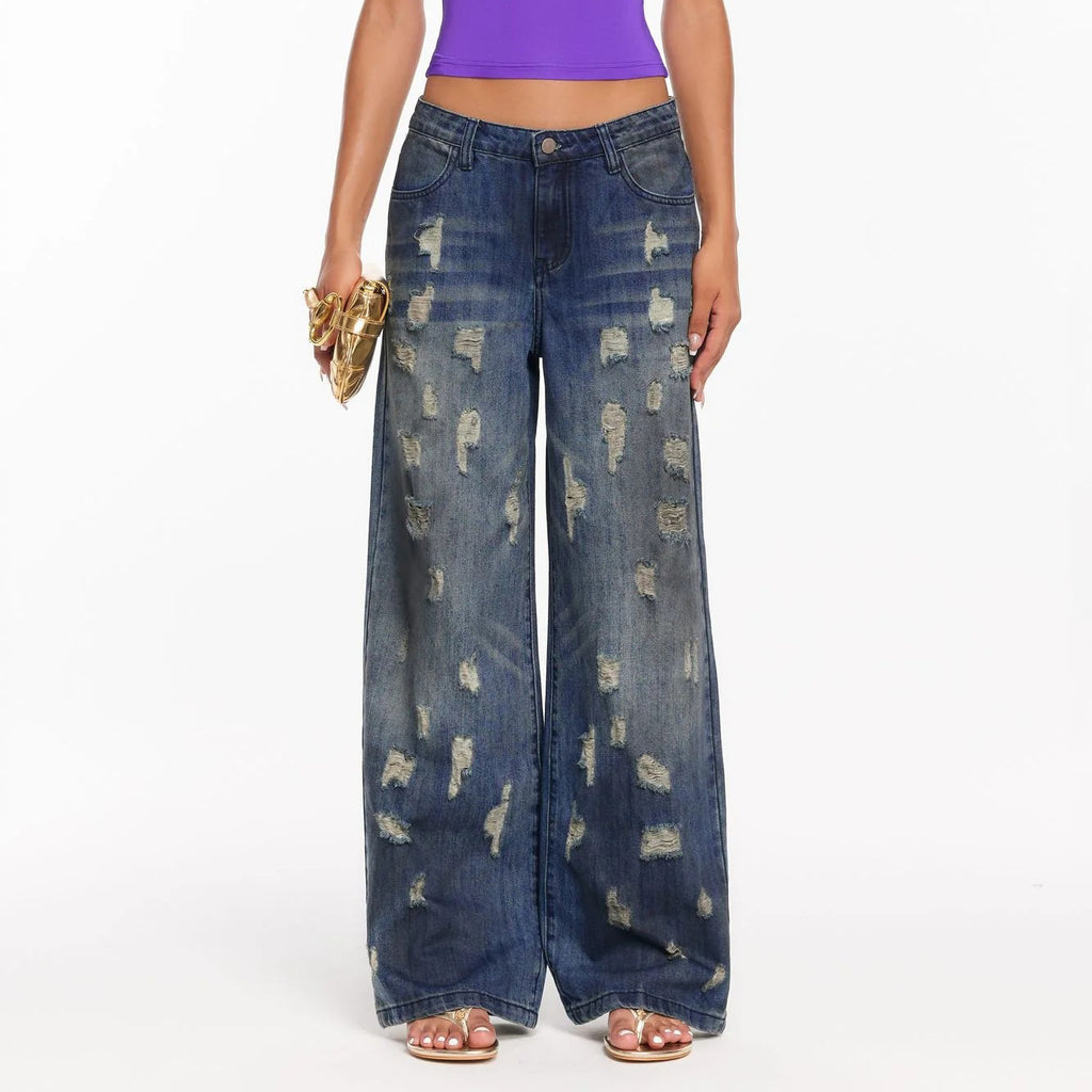 Foreign trade American high street washed worn jeans women 2024 street style retro tattered jeans straight jeans wholesale