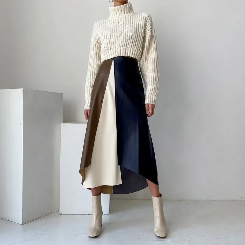 French chic retro temperament multi-color mosaic leather skirt spring and autumn women's clothing A- line skirt high-end mid-length dress