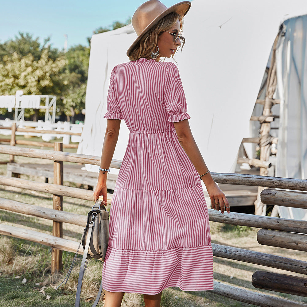 Self-developed design European and American fashion women's wear dress 2025 summer Amazon stripes dress temperament