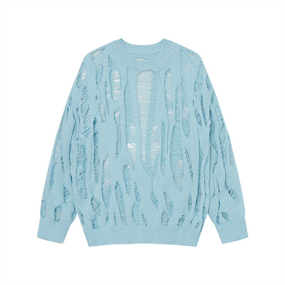 Heavy industry ripped crocheted round neck sweater men's spring and autumn fashion brand solid color loose and lazy style Micro transparent long sleeve sweater
