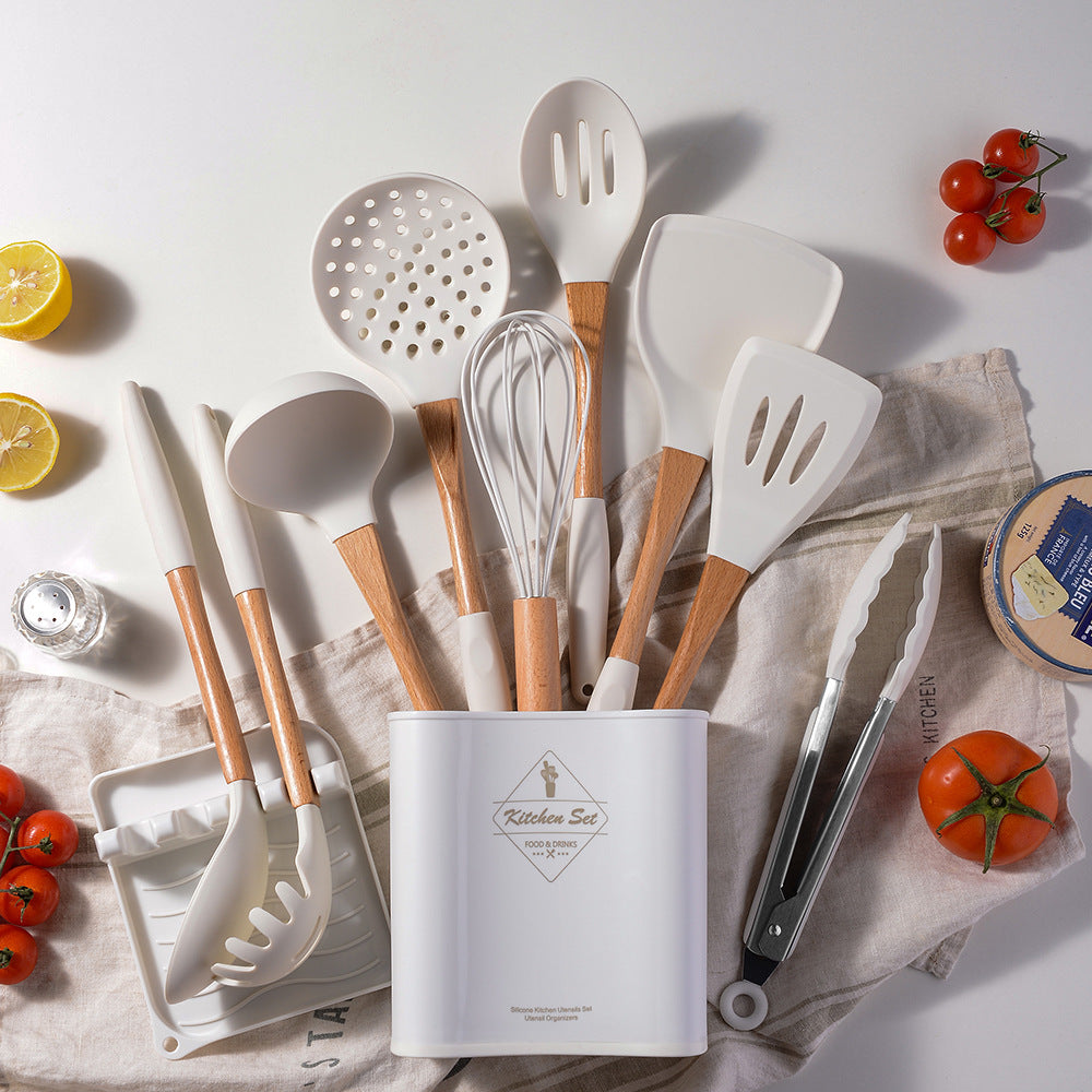 Wooden handle silicone heat-proof end sleeve silicone kitchenware set eleven-piece set spatula kitchen tools suit