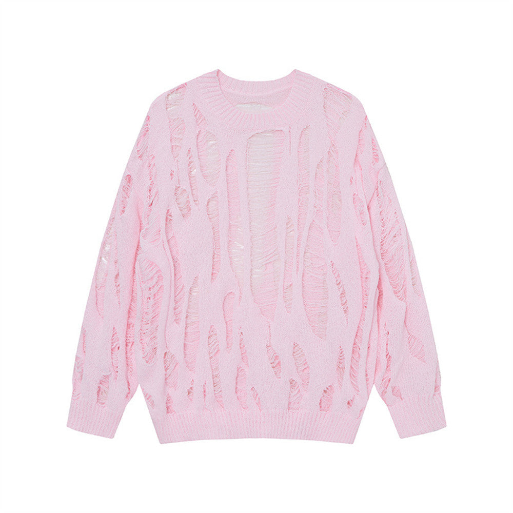 Heavy industry ripped crocheted round neck sweater men's spring and autumn fashion brand solid color loose and lazy style Micro transparent long sleeve sweater