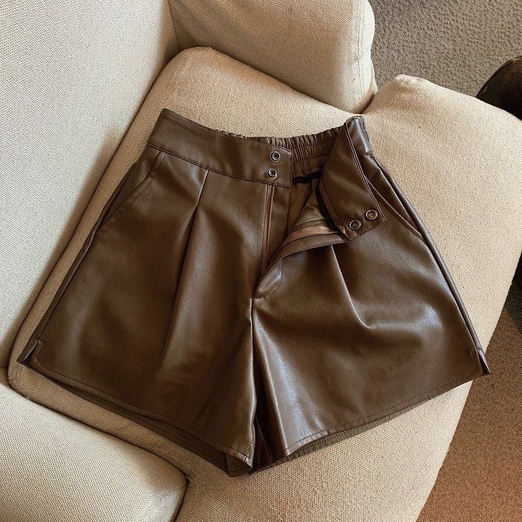 PU leather shorts women's 2022 Autumn New elegant hot girl all-match waist slimming and wide leg A- line casual boot pants
