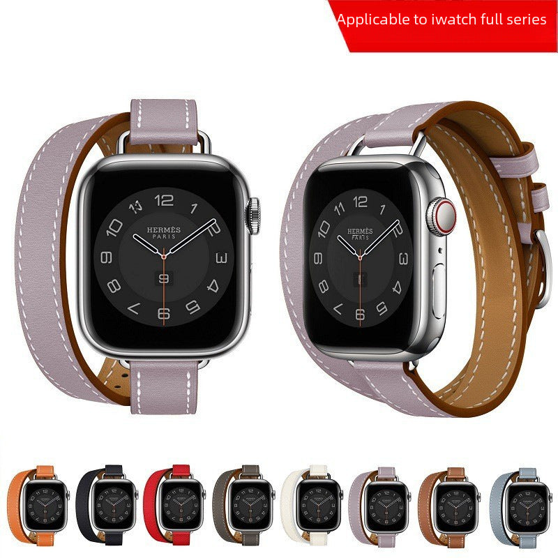 Genuine Leather slimming strap for Apple Watch iwatch8/7/6/5/4/3/SE double circle small waist strap