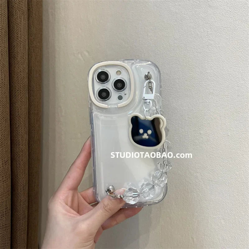 Cute transparent bear mirror pendant for Apple 14Promax phone case 12 female bracket iphone13 air cushion