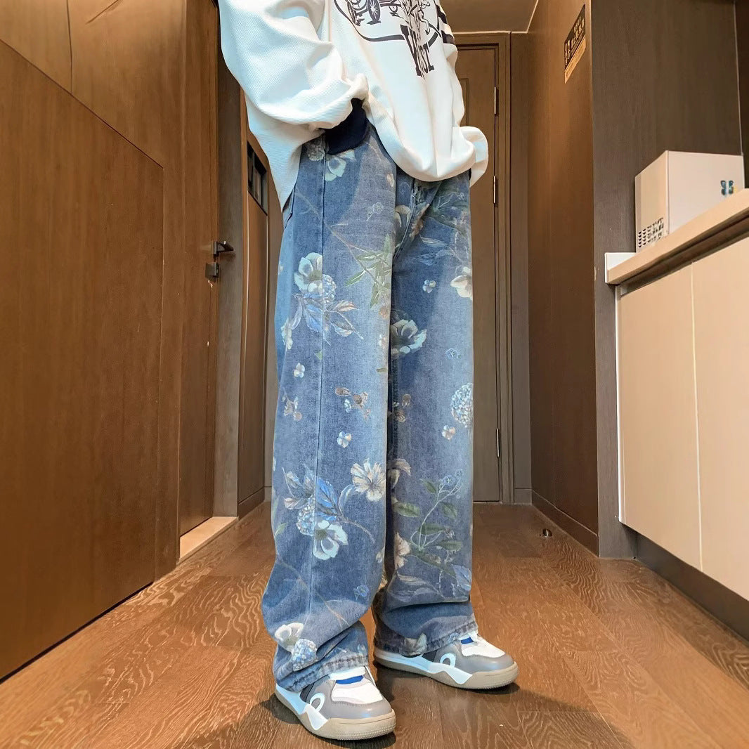 Cross-border autumn floral printed men's jeans vintage denim pants hip hop fashion wide leg loose jeans