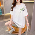 Fashion casual extra large size heavy industry panda bamboo embroidered cotton shoulder half sleeve summer round neck loose national style trendy T-shirt