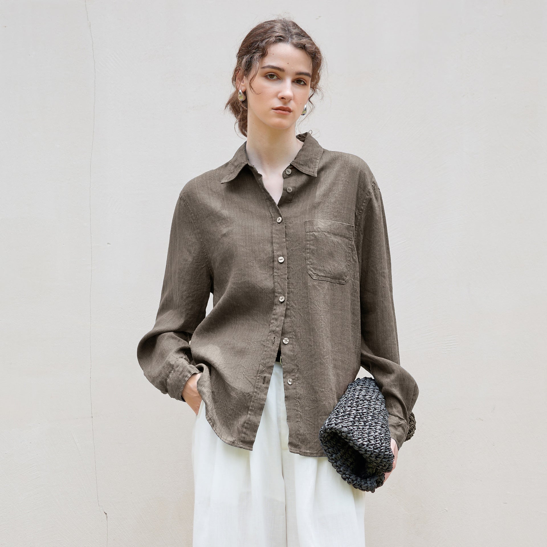 High-end long linen sleeves shirt Women's minimalist relaxed single-breasted Shirt autumn and winter New Tencel linen solid color top