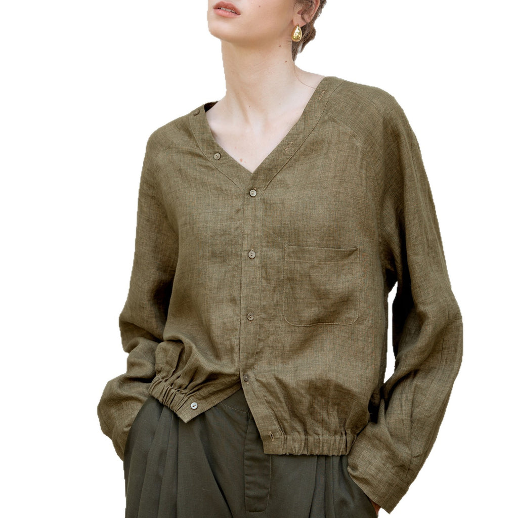 Autumn New all linen V-neck Raglan long-sleeved shirt yarn-dyed craft loose cocoon design old money style shirt