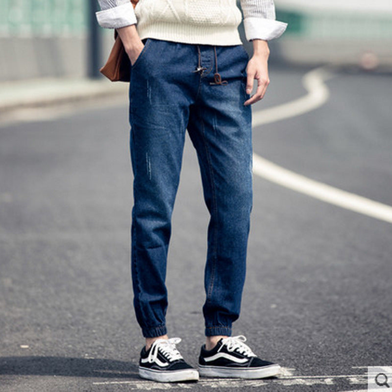 Men's jeans ankle-tied harem pants youth loose jeans autumn and winter elastic waist stretch skinny jeans