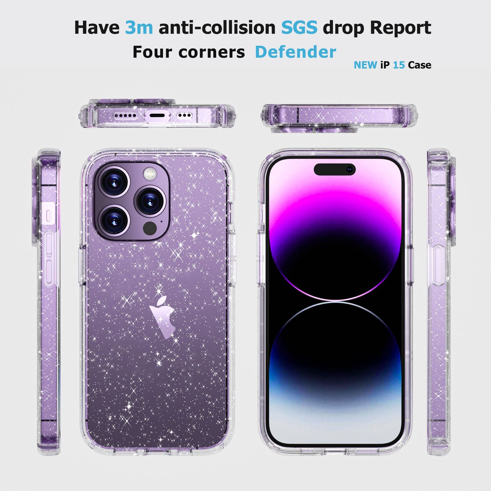 Defender applicable iPhone15promax transparent glitter phone case mobile phone shell for iPhone phone case drop-resistant hard case 15