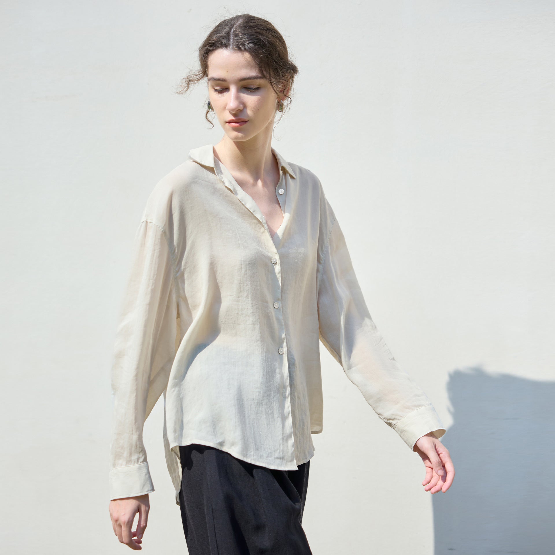 25 Old Money style Ramie loose solid color women's shirt simple single-breasted long sleeve shirt loose feeling Tencel linen top