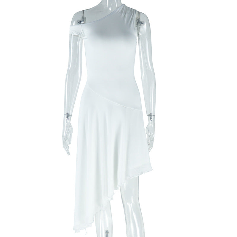 European Style Solid Color Off-Shoulder Sleeveless Irregular Dress