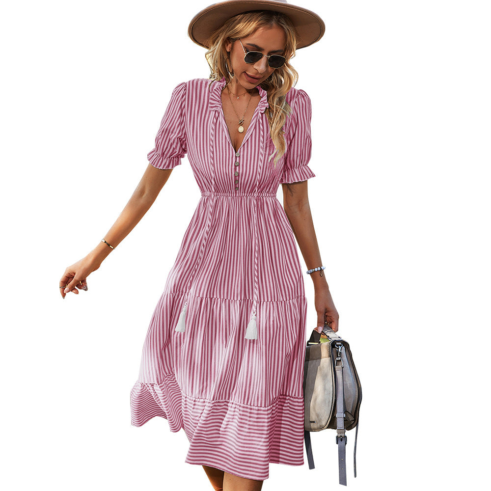Self-developed design European and American fashion women's wear dress 2025 summer Amazon stripes dress temperament