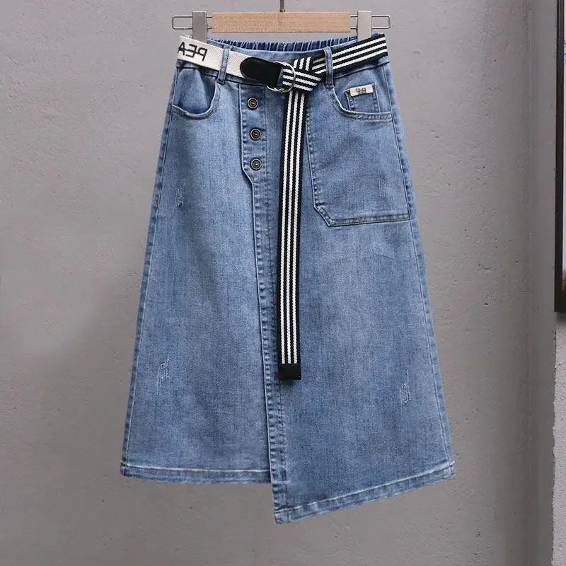 Plus size summer irregular A- line slimming skirt fashionable elastic waist all-match denim skirt women's fashionable midi skirt