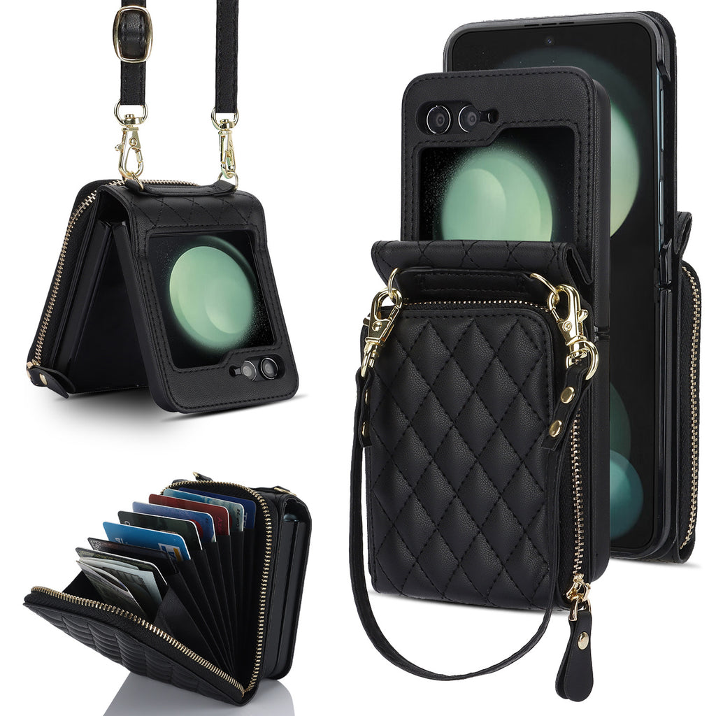 Applicable to Z FLIP5 classic style diamond grid zipper bag veneer shell oblique expanding card holder findn2flip phone case