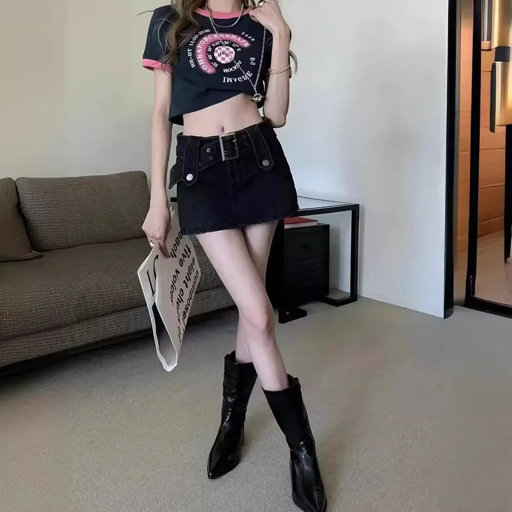 American retro Denim pantskirt women's summer sexy short skirt A- Line skirt sweet hot girl high waist package hip skirt