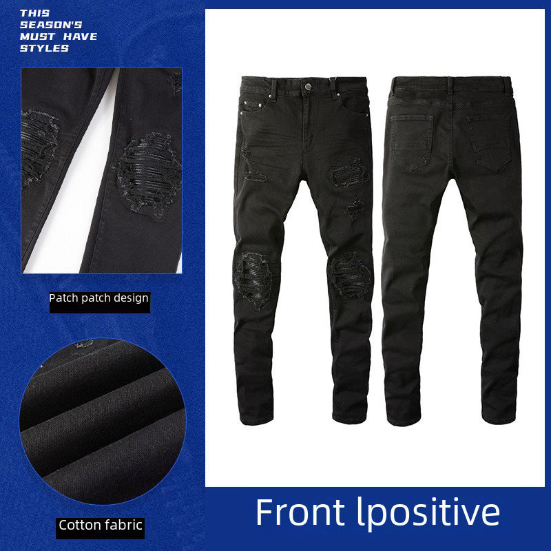 Foreign trade Men's European and American simple black patch jeans men's ripped jeans men's simple slim fit skinny pants