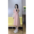 New preppy style pink square collar dress women's summer tea break French slimming temperament seaside vacation dress