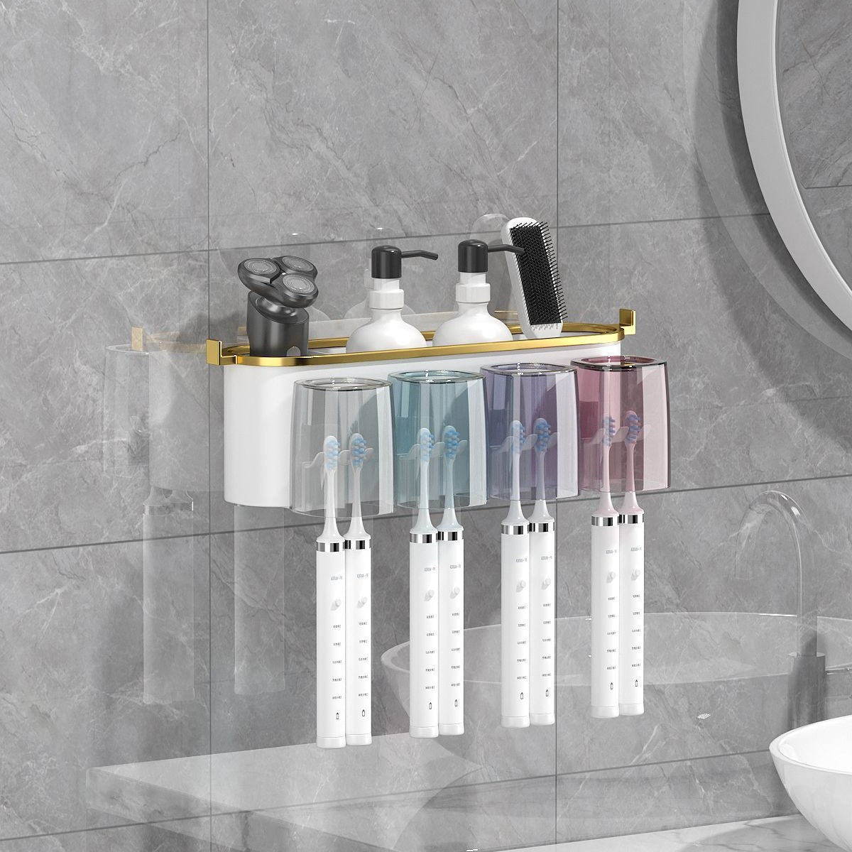 Cross-border toothbrush rack gargle Cup gold-plated toothbrush holder bathroom punch-free wall-mounted toothbrush storage rack suit