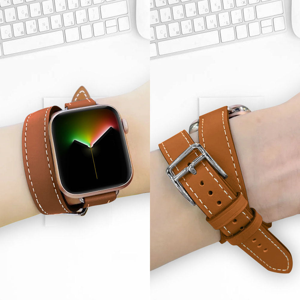 Genuine Leather slimming strap for Apple Watch iwatch8/7/6/5/4/3/SE double circle small waist strap