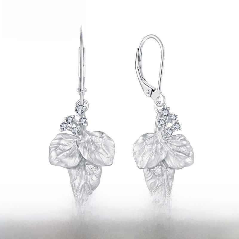 Retro distressed leaf-shaped earring S925 silver female zircon ear hook ear rings foreign trade cross-border jewelry silver accessories processing