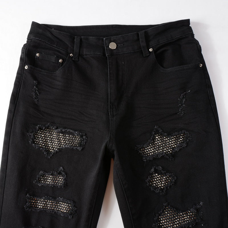 High street cross-border men's jeans men's black ripped stick-on crystals stretch jeans Men's Youth Men's tapered trousers