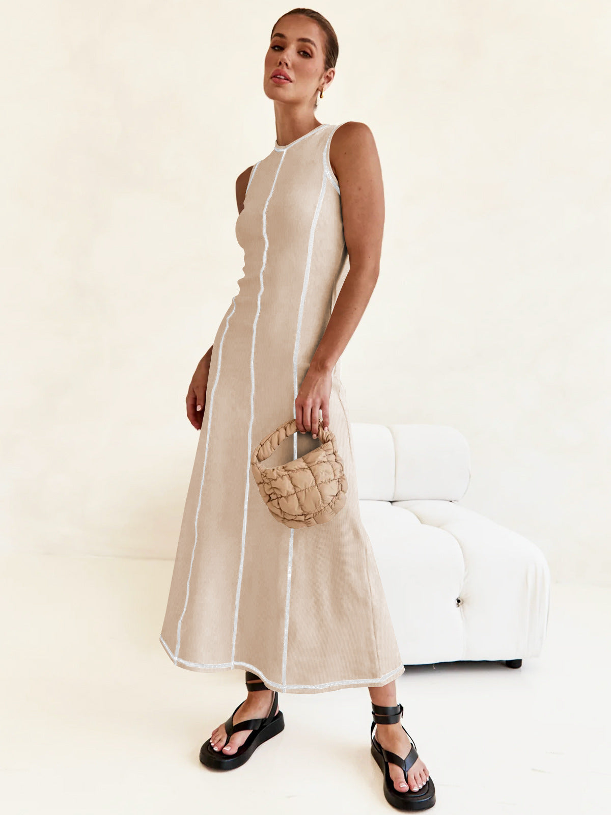 Cross-border y2g women's new European and American elegant lines contrasting-color dress High sense cinched sleeveless vest skirt summer