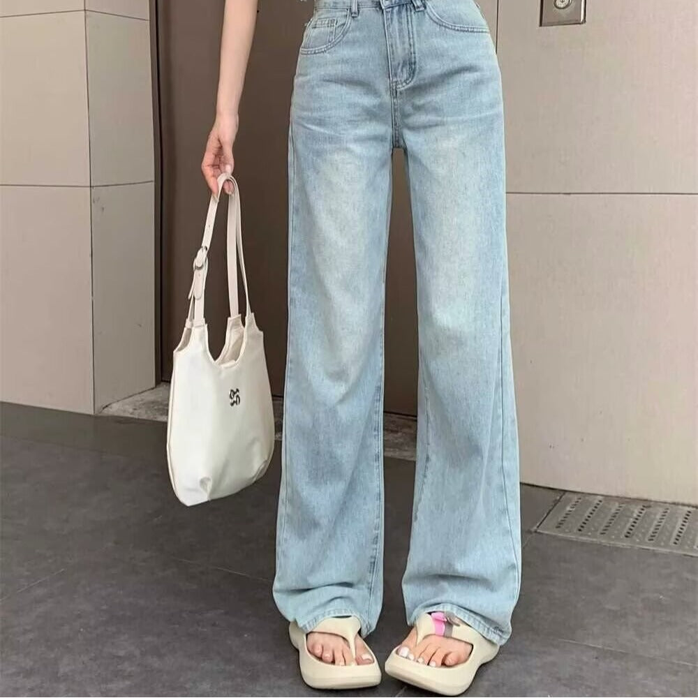 Bowknot embroidered jeans for women 2024 Summer new thin high waist slimming loose straight wide-leg pants autumn