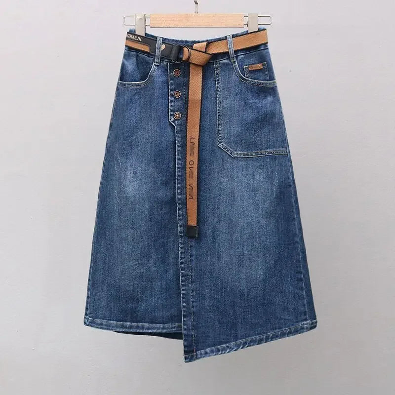 Plus size summer irregular A- line slimming skirt fashionable elastic waist all-match denim skirt women's fashionable midi skirt