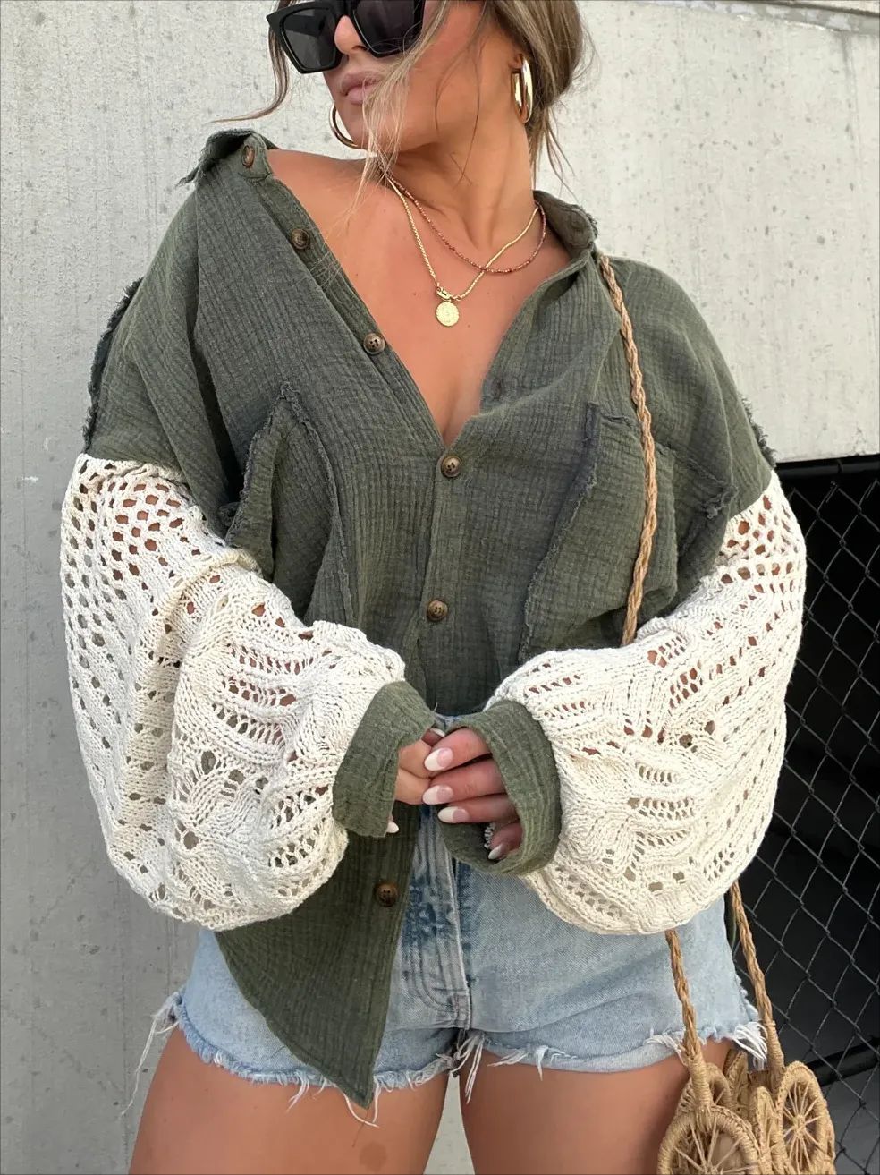 New Crepe Long Sleeve Blouse with Lace Trim for Women |tops