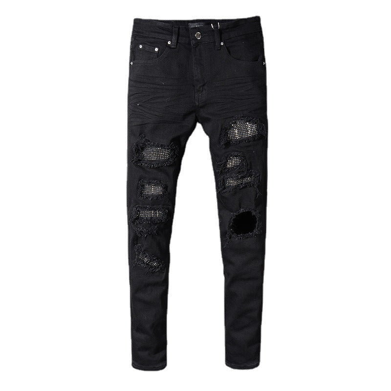 565 new AMIRI Black High Street ripped jeans men patch elastic slim fit slimming high street jeans