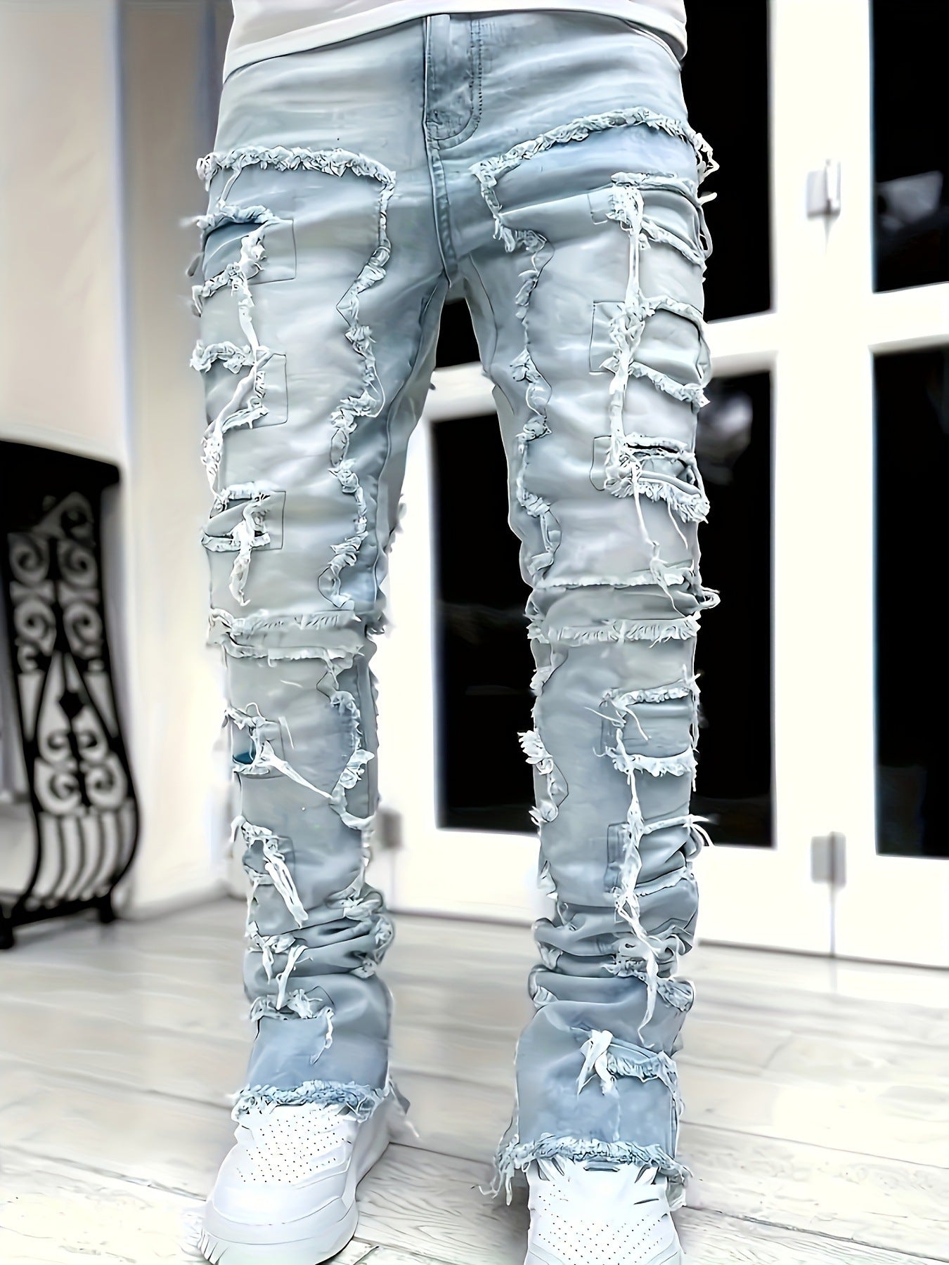 Mens Slim Straight Jeans with Elastic Waist Creative Jeans