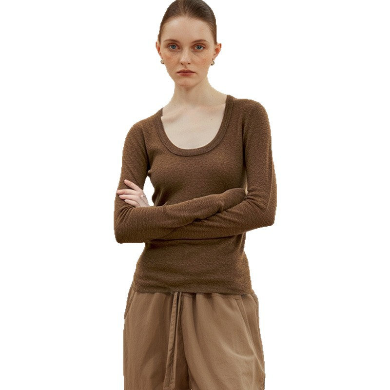 Old Qian style linen knitwear light and transparent autumn crew neck Tencel long-sleeved T-shirt stretch slim women's cotton and linen top
