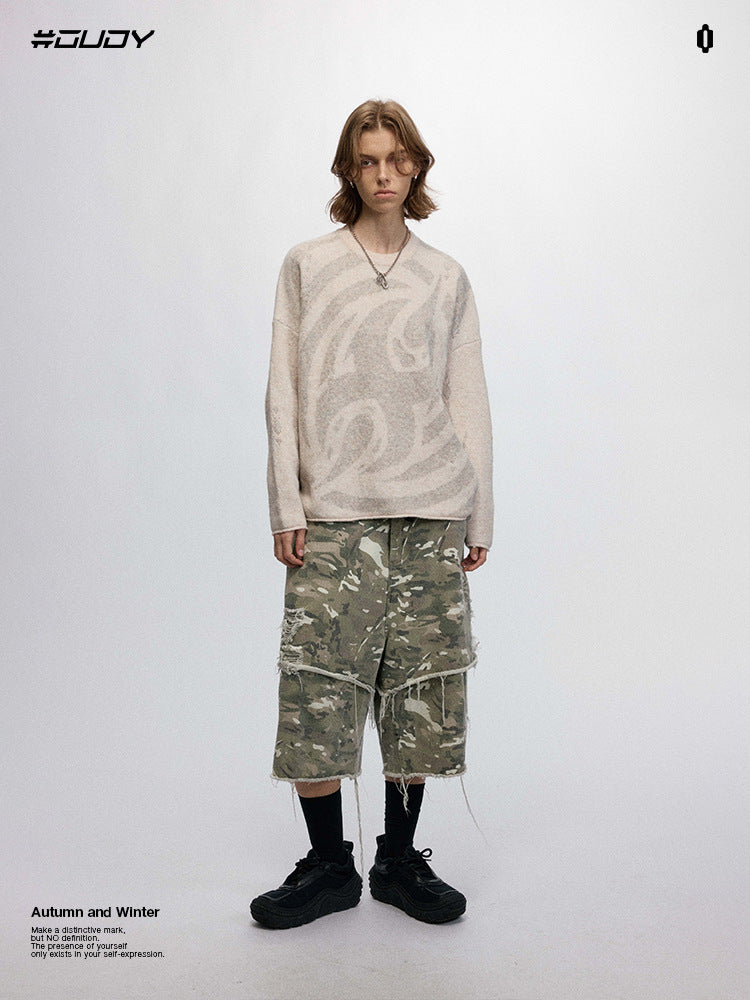 # OVDY autumn and winter American retro fashion brand distressed round neck couple soft glutinous knitted top heavy sweater men and women