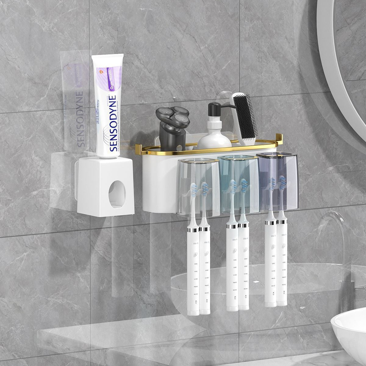 Cross-border toothbrush rack gargle Cup gold-plated toothbrush holder bathroom punch-free wall-mounted toothbrush storage rack suit