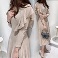 In stock Korean style elegant mid-length ruffled waist trimming knitted large swing sweater mid-length classic style dress