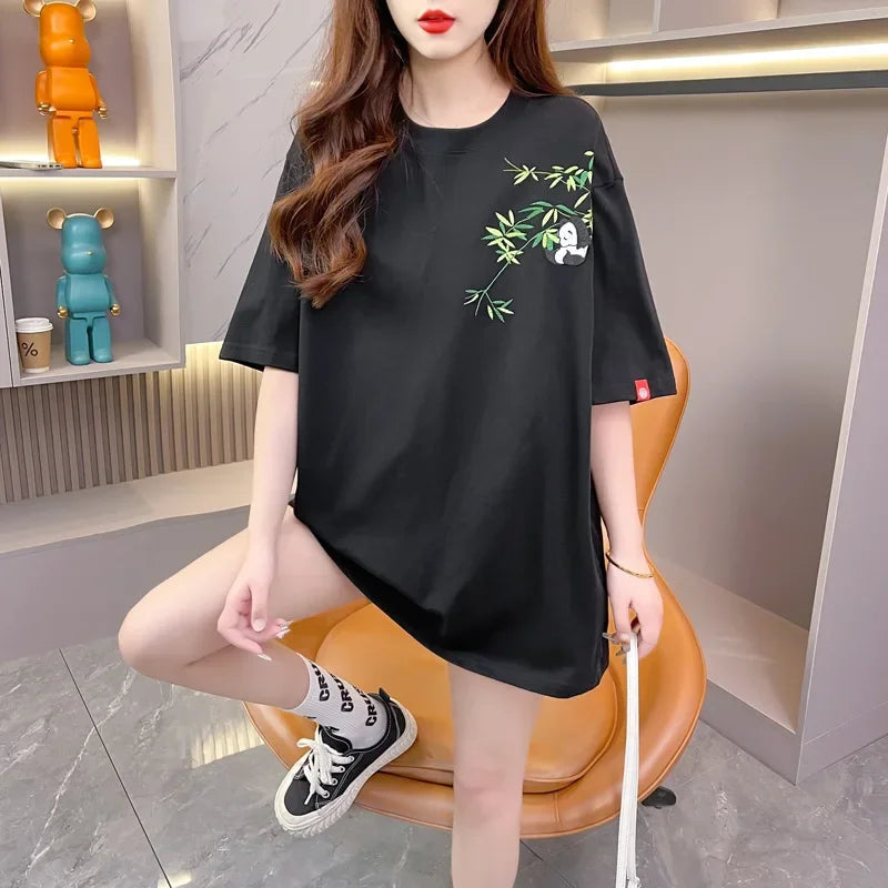 Fashion casual extra large size heavy industry panda bamboo embroidered cotton shoulder half sleeve summer round neck loose national style trendy T-shirt